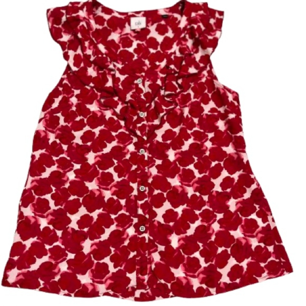 Cabi Rosy Floral Ruffle Sleeveless Top - Berry Red Sz S Poly Chiffon Romantic View 5